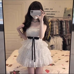 Cyflymder Hot Girl Spaghetti Strap Polka Dot Dress Women's Summer Bow Slim Fit A-line Short Dress Fashion Female Clothes