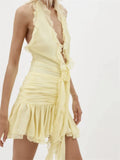 Cyflymder 3D Flower Patchwork Mini Dress for Women Halter Tie-up Off Shoulder Backless Ruched Summer Dress Tassel Vestidos