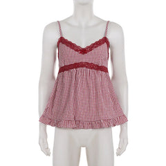 Cyflymder Y2K Aesthetics Plaid Lace Patchwork V-neck Camisole Sweet Girl's Cute A-line Mini Tops Summer Fashion Spaghetti Straps