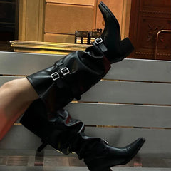 Cyflymder Autumn Vintage Thick Heel Women Knight Boots Fashion Belt Buckle Shoes Ladies Elegant Pointed Toe Mordern Knee High Booties