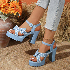 Cyflymder Summer Tie Bow Dot Open Toe Thick Heel Round Head Banquet High Heel Sandals Fashionable Hollow Fish Mouth Casual Women's Shoes