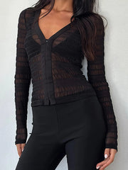 Cyflymder Women’s Ruched Mesh Tops Long Sleeve Solid Color Fit T-Shirts Hook and Eye Front Blouses