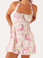 Cyflymder Women s Boho Floral Print Halter Neck Sleeveless Backless Mini Dress with Tie Front Detail and Fit Silhouette