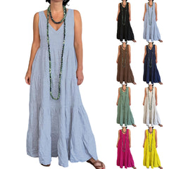 Cyflymder Summer Thin Breathable Solid Color Boho Beach Long Skirt Fashionable Baggy Boho Beach V-neck Sleeveless Maxi Dress