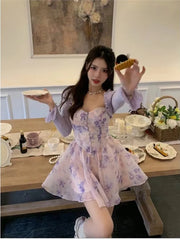 Cyflymder Light Purple Floral Print Chiffon Strap Corset Dress y2k vestidos de noite bodycon dress femme elegante robe sexy v plus size