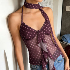 Cyflymder Vintage Polka Dot Lettuce Edge Aline Halter Tie Cami Mesh Splice Sleeveless Top For Women Party Date Night Romantic Birthday