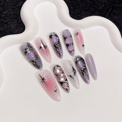 Cyflymder 10Pcs Gold Line Handmade Almond Press on Nails Rhinestone Full Cover Fake Nails Metal Manicure Wearable Artificial Nail Tips Art