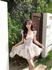 Cyflymder New French Flutter Sleeve Dress Women Lace Trim Flared Skirt Sweet Cute Mini Length Slimming A Line Silhouette Princess Party