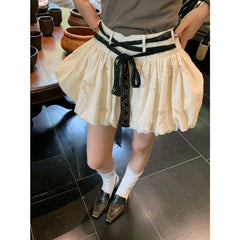 Cyflymder Lace Girl High Waist Hollow Embroidery Bow Strap Bud Fluffy Skirt
