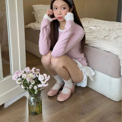 Cyflymder Pink French Ballet Style Chunky Heel Single Shoes Women Summer Outdoor Wear New Mary Janes Shoe Butterfly Knot Microfiber Upgrad