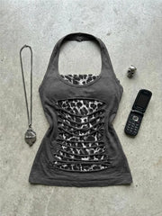 Cyflymder Goth T-shirt Punk Vintage Leopard Print Halter Y2k 90s Slim Sexy Aesthetic Harajuku Tube Tops Hot Girl Streetwear Summer Emo Tee