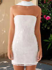 Cyflymder Women s Summer Floral Embroidered Bandeau Dress with Off Shoulder Design and Matching Scarf for a Stylish Look