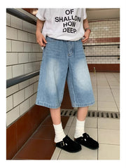 Cyflymder Women's Retro Minimalist Washed Blue Unisex Cropped Cool Girl Baggy Denim Shorts Summer Female Fashion Knee Length Pants