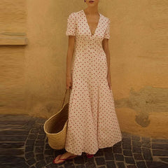 Cyflymder Casual Short Sleeve High Waist Swing Dress French Style Seaside Vacation Maxi Dress Fashion Polka Dot Print V-neck Evening Dress