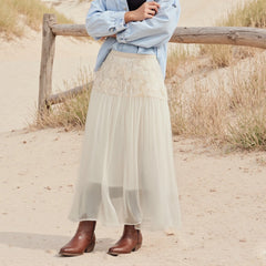 Cyflymder Women 3D Floral Tulle Skirt Elegant Ladies Clothes High Waist A-Line Long Flowy Skirt Beach Party Skirts Streetwear