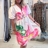 Cyflymder Women's Summer A-Line Dress Floral Print Short Puff Sleeve Tie Front V-Neck Loose Fit Shirt Babydoll Dress Holiday Beach