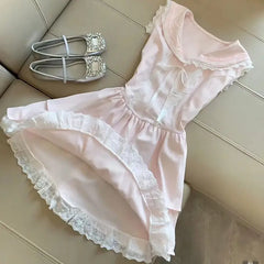 Cyflymder Woman Dress Lace Patchwork Bow Preppy Style Sleeveless Spring Summer Sweet Elegant Mini Dresses Party Princess