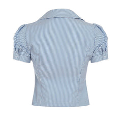 Cyflymder Women's Summer Stripe Print Shirt Short Sleeve Lapel Button Down Slim Fit Tops Streetwear