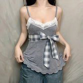 Cyflymder Sweet Girly Style Bow Stitched Plaid Lace Suspender Top V-neck with Bottoming Baby Doll Vest for Women