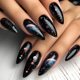 Cyflymder 24pcs/set Almond Shaped Black Galaxy Press-On Nails with Star Design Glossy Finish Space-Themed Detachable Artificial Nail Tips