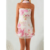 Cyflymder Women's Y2K Summer Mini Dress Floral Print/Solid Color Sleeveless Strapless Dress Backless Bodycon Tube Dress Clubwe