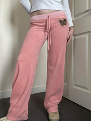 Cyflymder Women's Low Waist Long Pants Chic Butterfly Velvet Trousers with Drawstring Tie-up Rhinestone Detail Casual Autumn Pants