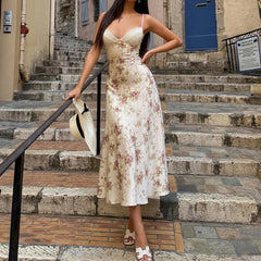 Cyflymder French Sexy Lace Satin Dress Women Sleeveless V-neck Spaghetti Strap Party Dresses Summer Vacation Boho Party Vestidos