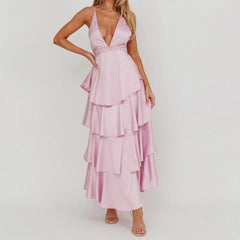 Cyflymder Cocktail Party Dress Sexy Women Solid Color V Neck Sleeveless Backless Tie-up Layered Long Dress Evening Party Dresses