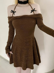 Cyflymder Autumn Sweet Y2k Halter Slash Neck Long Sleeve Solid All Match Slim Short knitted Dresses