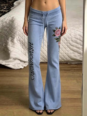 Cyflymder Flower Letter Printed Drawstring Flared Pants Low Waist Loose Fit Fashion Long Pants Elegant Streetwear Casual Trousers