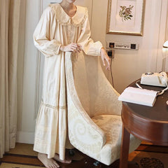 Cyflymder Women 100% Cotton Full Sleeves Nightdress Vintage Apricot Long Ankle-Length Nightgowns Loose Design Embroidery Homewear Nightie