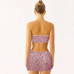 Cyflymder y2k Sequin Outfit Set Summer Women Sparkly Off Shoulder Strapless Bra Tops and Low Rise Mini Skirt Club Party Clothes