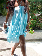 Cyflymder Halter Pleated Backless Irregular Mini Dress Women Off Shoulder Sexy Big Swing A-line Holiday Dresses 2025 Summer Party Robe