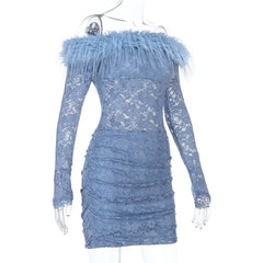 Cyflymder Off Shoulder Lace Blue Pencil Dress Women Trend Long Sleeve Sexy Elegant Evening Party Skinny Stretch Mini Bodycon Dresses 2026