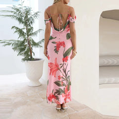 Cyflymder Summer Sleeveless Slim Wrap Hip Party Dress Elegant High Waist Tie-up Dress Sexy One-shoulder Printed Backless Halter Maxi Dress