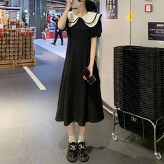 Cyflymder Black Doll Collar Puff Sleeve Long Dress Women's Clothing French Gentle Style Summer New A-Line Fashion Patchwork Aura Dresses