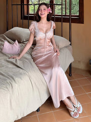 Cyflymder Fashion Street Dress Women Lace Patchwork Puff Sleeve Bandage Tassel Low-Neck Sweet Style Birthday Party Chic Vestidos