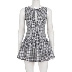 Cyflymder Y2K Aesthetics Plain Contrast Color Sleeveless Dress Summer Hollow Out Design Round Neck A-Line Mini Dresses Fashion New