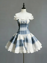 Cyflymder Summer Blue and White Plaid Dress One-word Shoulder Lace Splicing Temperament Waist Commuter Skirt