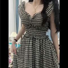 Cyflymder Summer Women's Camis Ruffles Plaid Striped Bow Slash Neck Pullover with Pleats Fashion Casual Elegant Office Lady Knee Dress