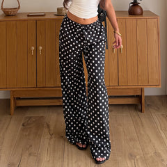 Cyflymder Casual Polka Dot Print Elastic Waist Pants Women's Straight Leg Full Length Woven Trousers Vacation Style Beach Bottoms Fashion