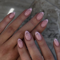 Cyflymder Cute Polka Dot Pink French Simple Nail Art Summer Short Almond Stylish Fake Nails Detachable Finished False Nails Press on Nails