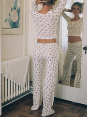 Cyflymder Women s Pajama Set with Cute Heart and Bear Print Long Sleeve Crop Tops and Elastic Waist Long Pants 2 Piece Lounge Outfit