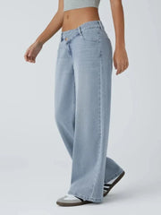 Cyflymder Blue Asymmetrical Women Jeans Vintage Washed Wide Leg Straight Denim Pants Black Baggy High Waist Basic Trousers Casual