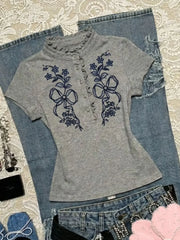 Cyflymder Summer T-shirt Kawaii Print Y2k Vintage Punk Short Sleeve Slim 2000s Harajuku Elegant Crop Top O-Neck Woman Streetwear Emo Tees