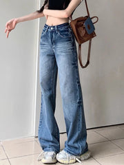 Cyflymder Y2K Washed Denim Pants Women High Waist Wide Leg Jeans Spicy Girl Retro Straight Leg Loose Fit Long Trousers Autumn