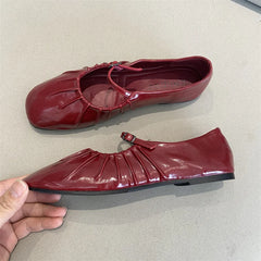 Cyflymder Pleated Mary Janes Flats Shoes Women Square Toe Pu Leather Comfortable Elegant Red Shoes Ladies Shallow Black Ballet Flats New