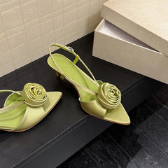 Cyflymder Green Satin Shallow Women Sandals Flowers Decor Pointed Toe Summer Dress Slingback Pumps Black Thin High Heels Party Sandalias