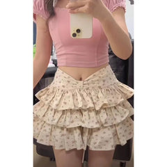 Cyflymder Floral Mini Cake Skirt Women Summer Sweet High Waist A-line Ball Gown Skirts Japanese Kawaii Fashion All Match Faldas