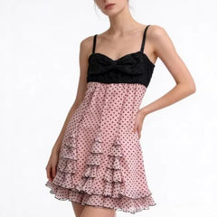 Cyflymder New Sweet French Constrast Color All Match Sling Short Dress Harajuku Polka Dot Print A-line Clothes Y2k Spice Girl Punk Dress